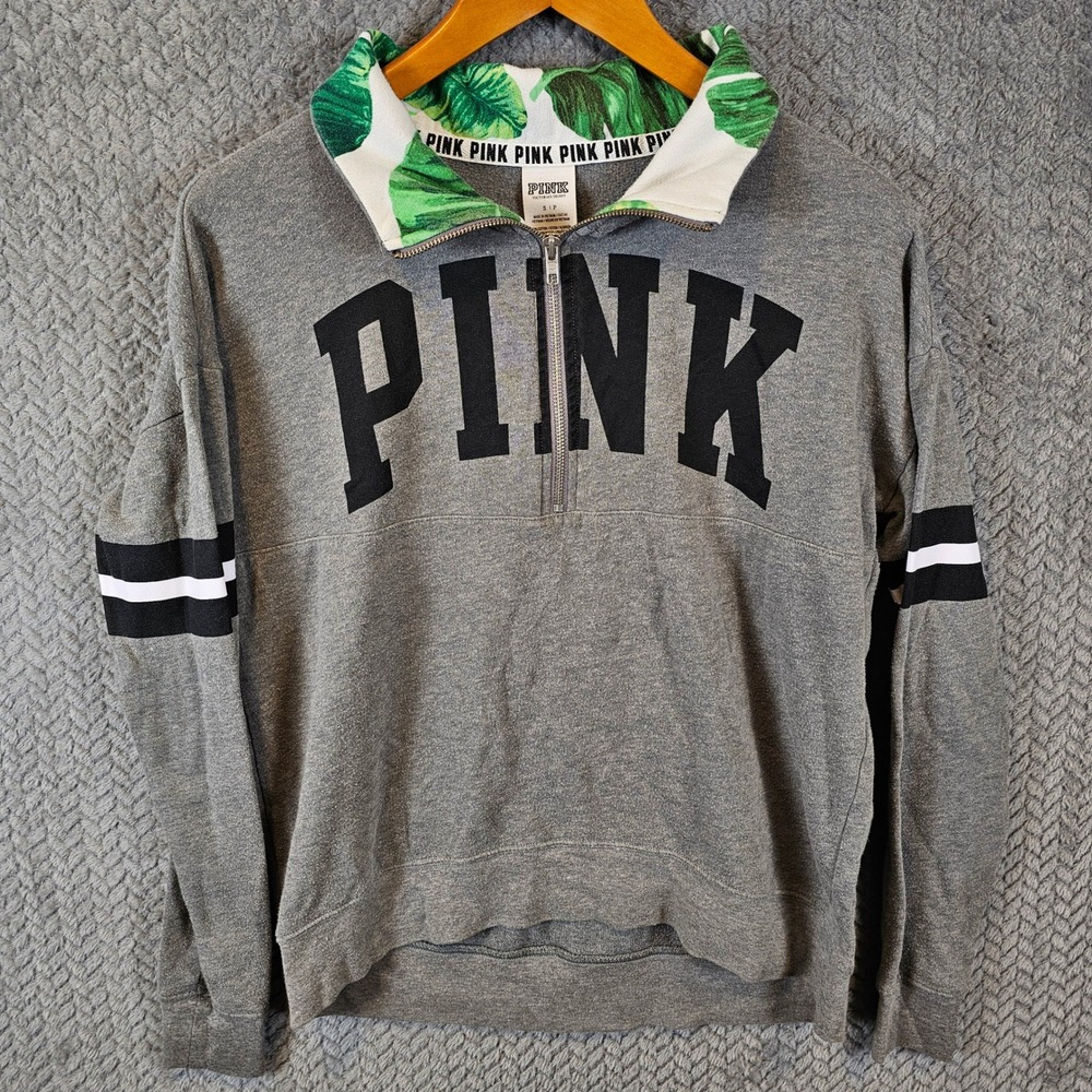 PINK Victoria's Secret Quarter Zip Pullover Gray Tropical Collar Sweatshirt S